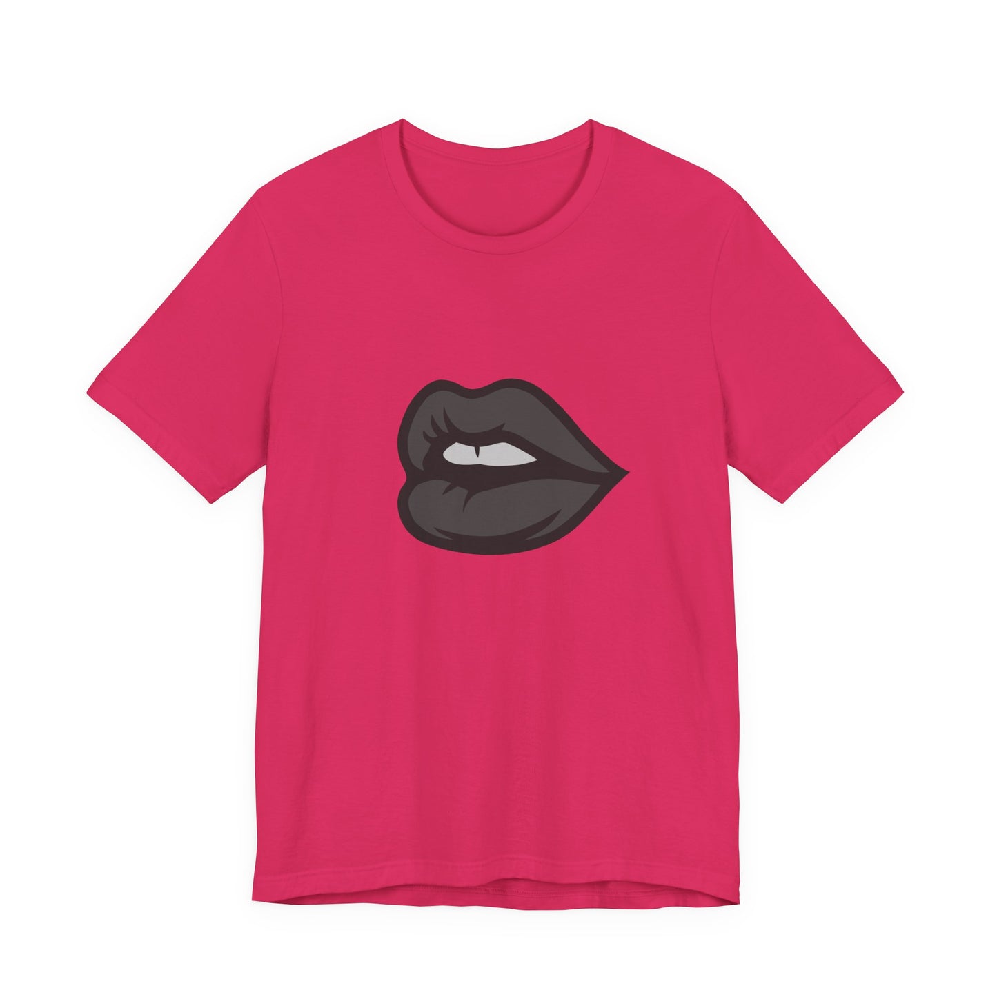 Dark Lips Graphic T-Shirt – Dark Theme Grayscale Biting Lip Design on Black Tee with Subtle Seduction and Modern Ghost Effect. Unisex Jersey Short Sleeve Tee