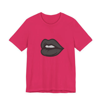 Dark Lips Graphic T-Shirt – Dark Theme Grayscale Biting Lip Design on Black Tee with Subtle Seduction and Modern Ghost Effect. Unisex Jersey Short Sleeve Tee