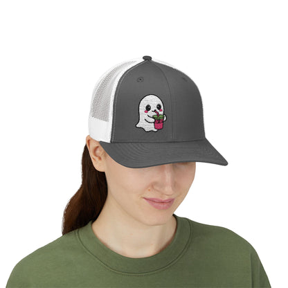 Cute Ghost Trucker Hat – Embroidered Kawaii Ghost Drinking Hat for Halloween Vibes and Everyday Boo Energy