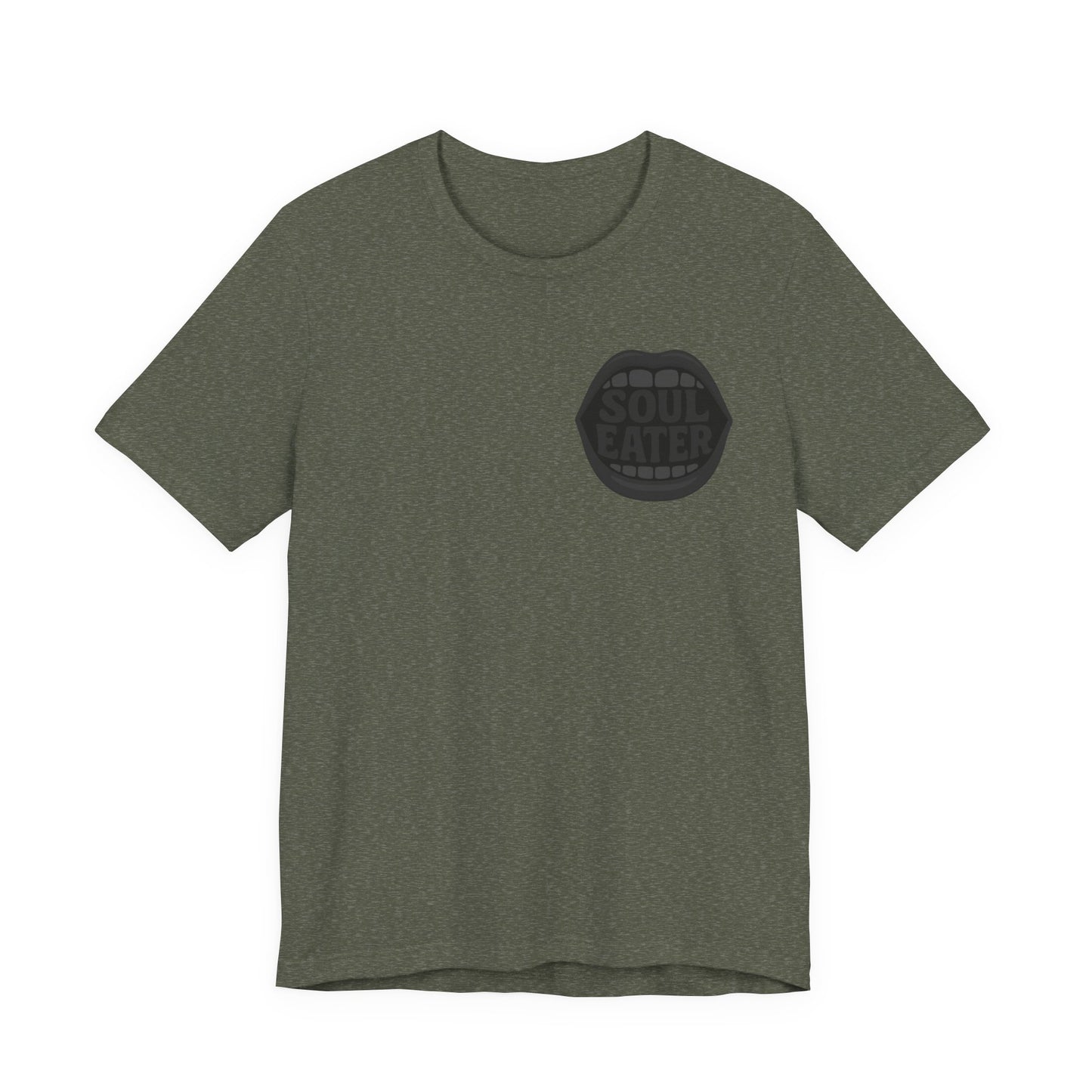 Soul Eater Mouth Graphic T-Shirt – Dark Theme Grayscale Teeth Typography on Black Tee with Horror Vibes and Modern Ghost Effect. Unisex Jersey Short Sleeve Tee