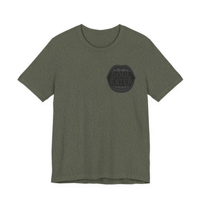 Soul Eater Mouth Graphic T-Shirt – Dark Theme Grayscale Teeth Typography on Black Tee with Horror Vibes and Modern Ghost Effect. Unisex Jersey Short Sleeve Tee
