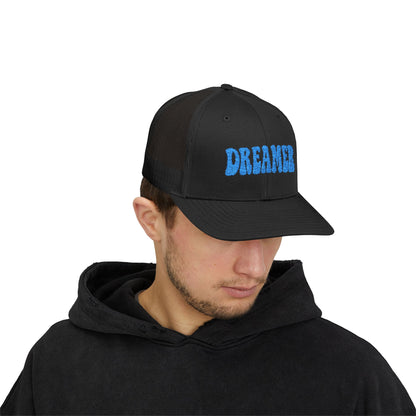 Dreamer Trucker Hat – Embroidered Minimalist Script Hat for Visionaries, Creatives, and Chill Daydreamers. Blue Letters