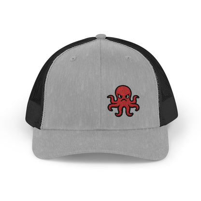 Angry Octopus Trucker Hat – Embroidered Red Sea Creature Hat with Cartoon Vibes and Bold Attitude
