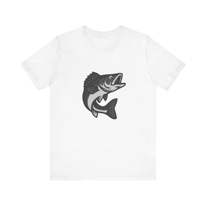 Walleye Fishing Graphic T-Shirt – Dark Theme Grayscale Freshwater Game Fish Design on Black Tee with Angler Energy and Modern Ghost Effect. Unisex Jersey Short Sleeve Tee