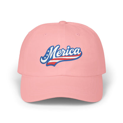 MERICA Embroidered Classic Dad Hat – Patriotic USA Hat with Bold Stars and Stripes Script Design for 4th of July and American Pride