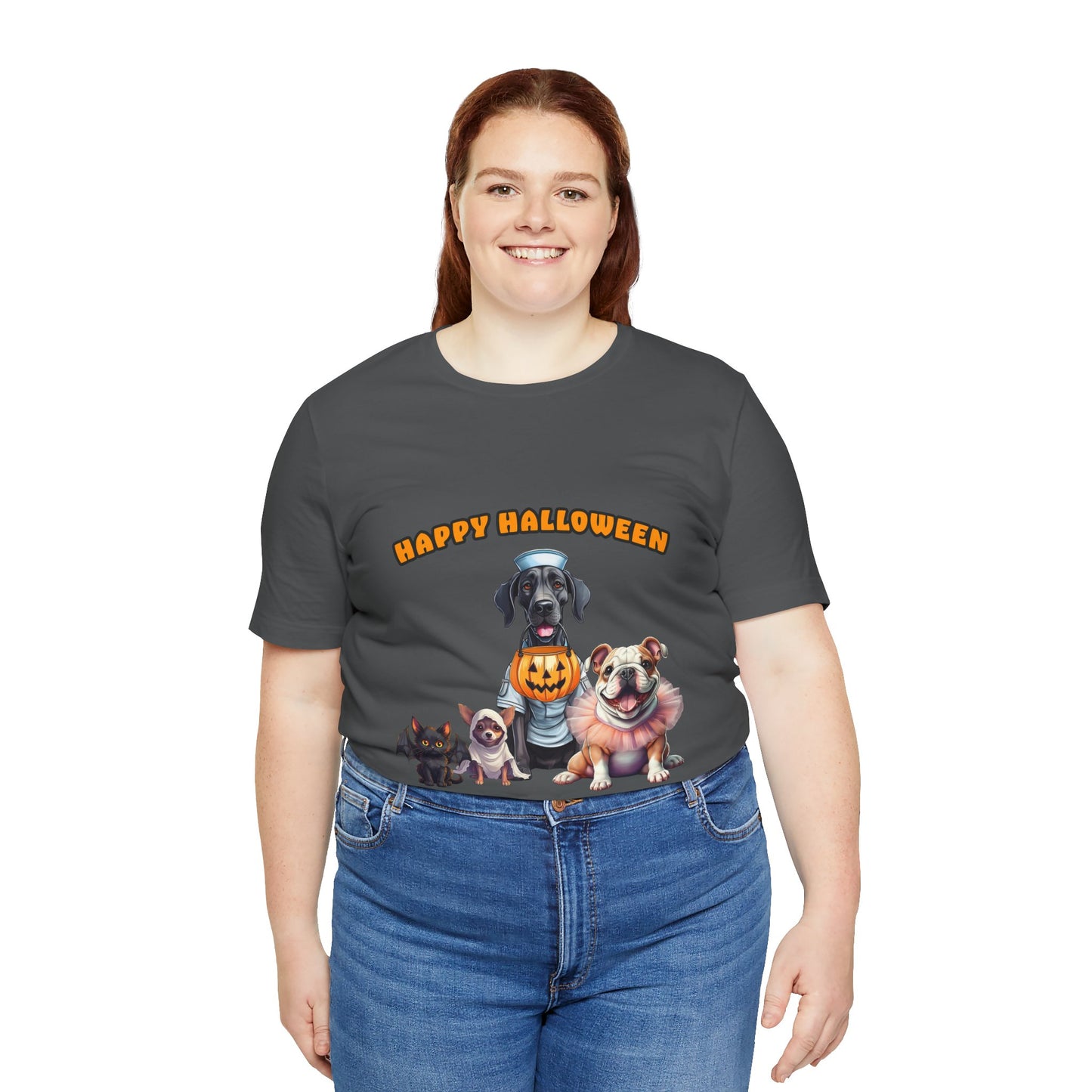 Happy Halloween Pet Parade Shirt – Cute Halloween Dogs and Cat in Costumes. Unisex Jersey Short Sleeve Tee