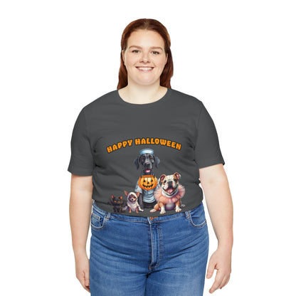 Happy Halloween Pet Parade Shirt – Cute Halloween Dogs and Cat in Costumes. Unisex Jersey Short Sleeve Tee