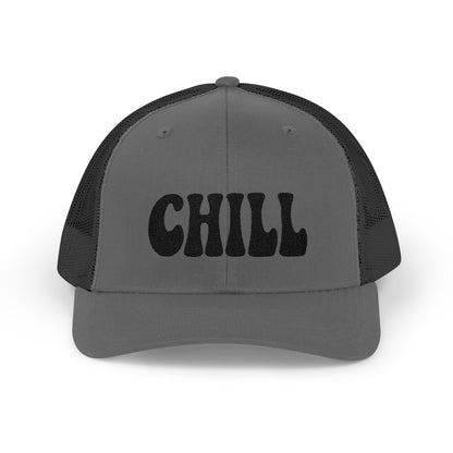 Chill Trucker Hat – Embroidered Relaxed Script Hat for Easygoing Vibes and Everyday Cool. Black Letters