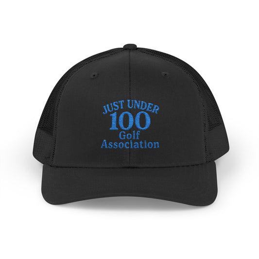 Just Under 100 Golf Trucker Hat – Embroidered Funny Golf Hat for Weekend Golfers and Casual Fairway Vibes. Blue Letters