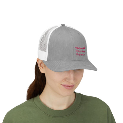 Mermaid Warrior Princess Trucker Hat – Embroidered Bold Text Hat for Magical Queens. Pink Letters