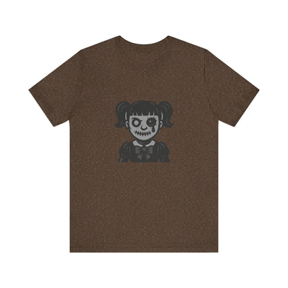 Scary Doll Graphic T-Shirt – Dark Theme Grayscale Creepy Cute Girl Design on Black Tee with Haunted Vibes and Modern Ghost Effect. Unisex Jersey Short Sleeve Tee
