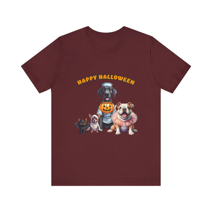 Happy Halloween Pet Parade Shirt – Cute Halloween Dogs and Cat in Costumes. Unisex Jersey Short Sleeve Tee