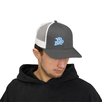 Yo Bro Trucker Hat – Embroidered Blue & White Hat for Laid-Back Vibes