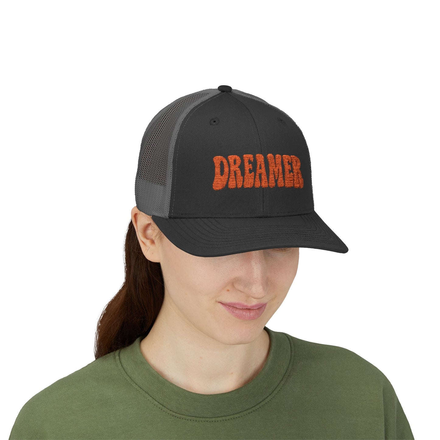 Dreamer Trucker Hat – Embroidered Minimalist Script Hat for Visionaries, Creatives, and Chill Daydreamers. Orange Letters