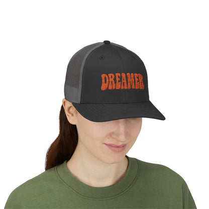 Dreamer Trucker Hat – Embroidered Minimalist Script Hat for Visionaries, Creatives, and Chill Daydreamers. Orange Letters