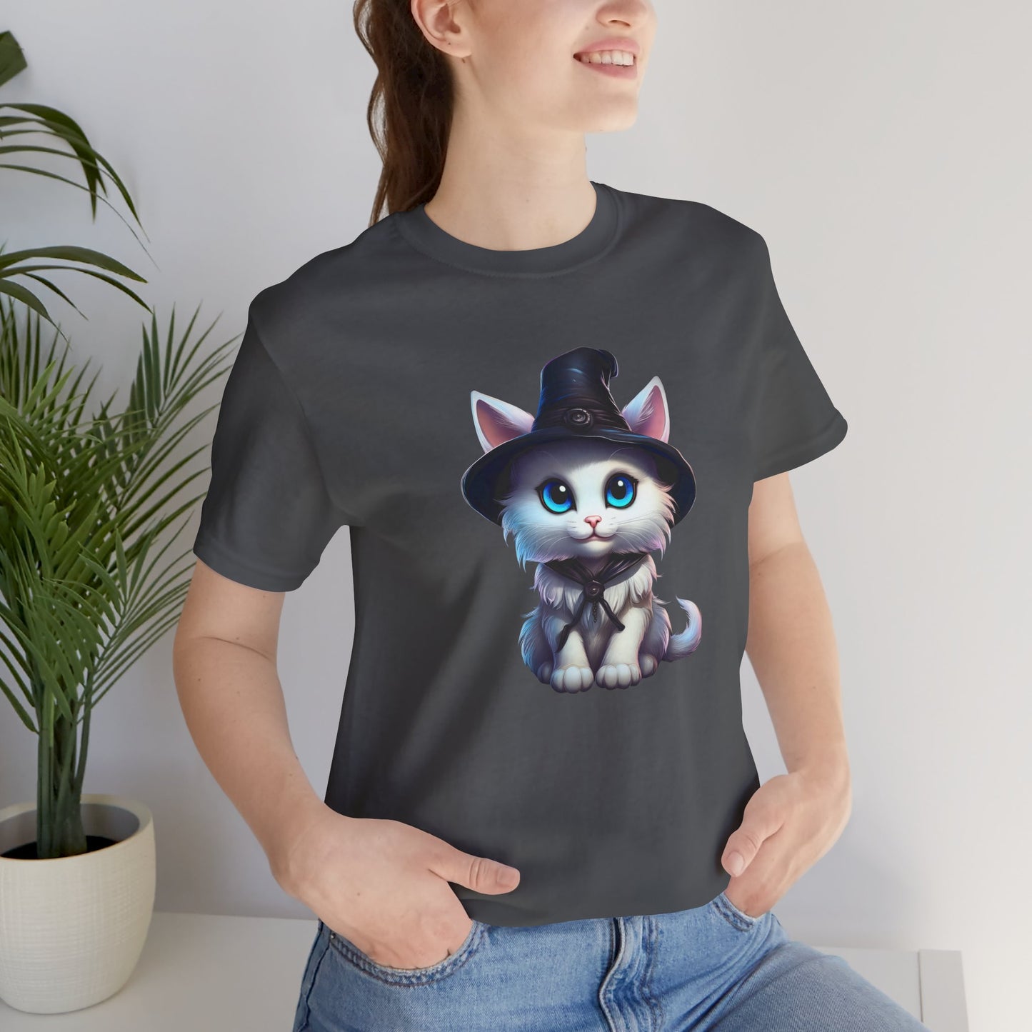 Adorable Witch Cat Halloween Shirt – Cute White Cat in Hat Graphic Tee for Cat Lovers and Halloween Fans