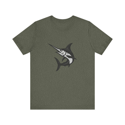 Swordfish Graphic T-Shirt – Dark Theme Grayscale Ocean Predator Design on Black Tee with Streamlined Power and Modern Ghost Effect. Unisex Jersey Short Sleeve Tee