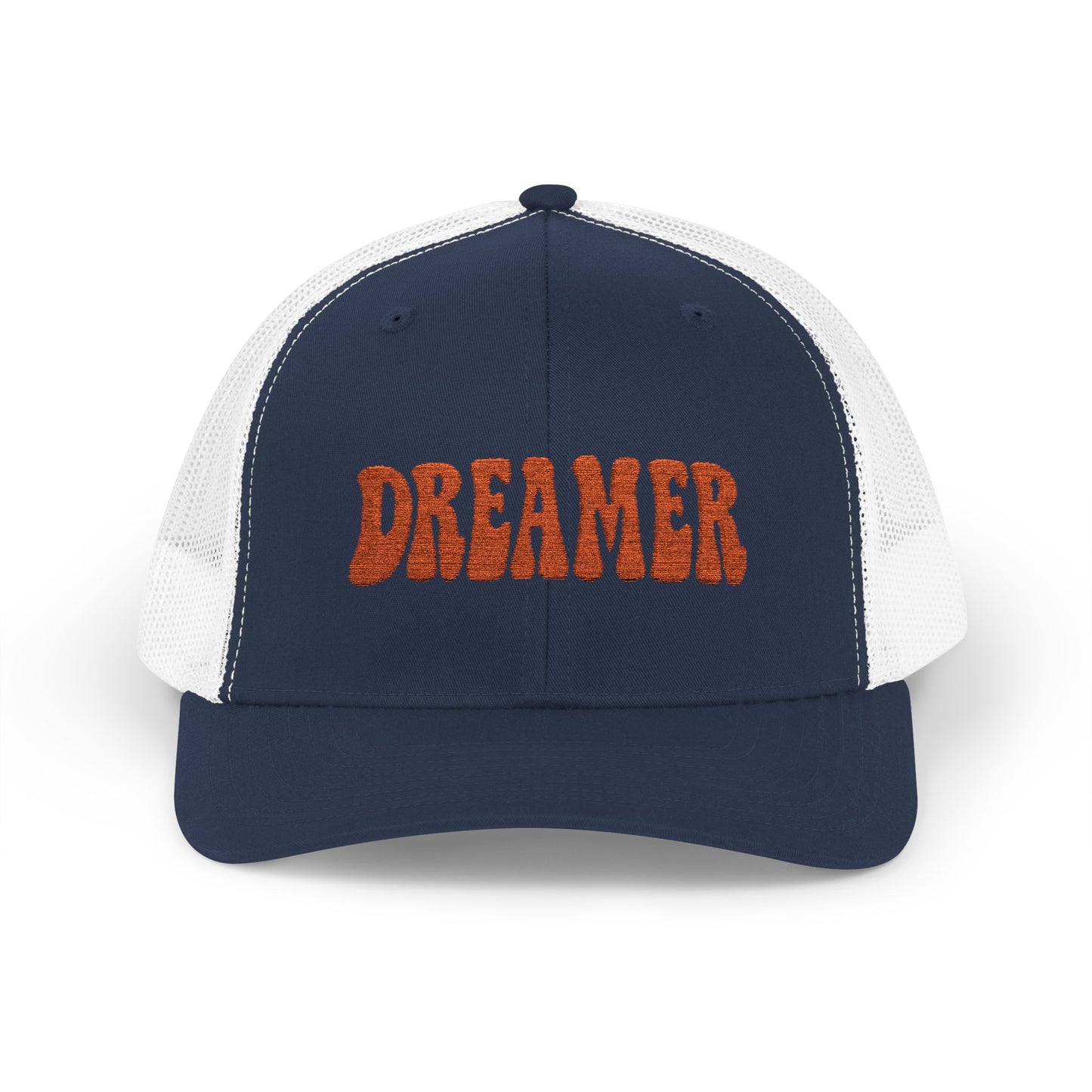 Dreamer Trucker Hat – Embroidered Minimalist Script Hat for Visionaries, Creatives, and Chill Daydreamers. Orange Letters
