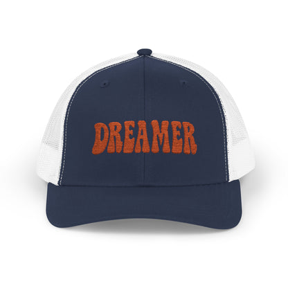 Dreamer Trucker Hat – Embroidered Minimalist Script Hat for Visionaries, Creatives, and Chill Daydreamers. Orange Letters