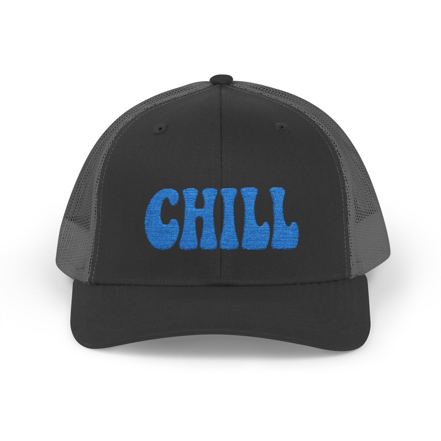 Chill Trucker Hat – Embroidered Relaxed Script Hat for Easygoing Vibes and Everyday Cool. Blue Letters