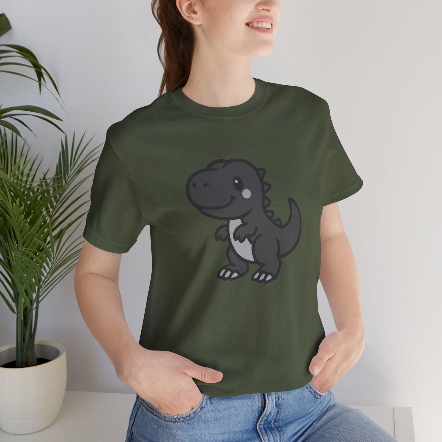 Cute T-Rex Graphic Tee Dark Theme – Kawaii Dinosaur Vector Design for Playful Style