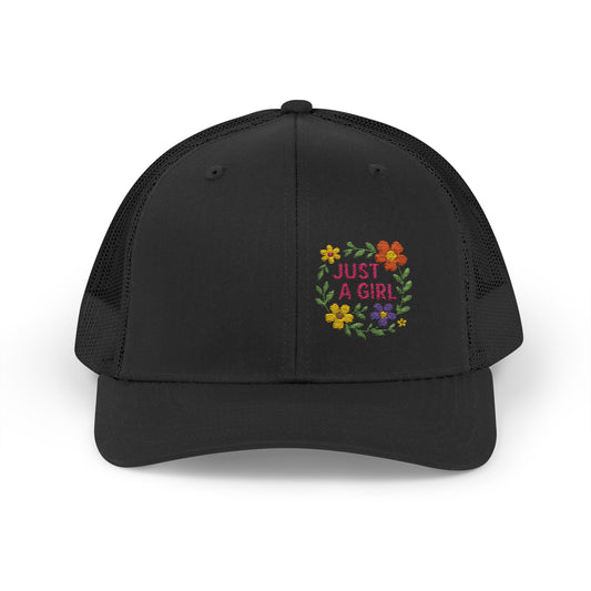 Just a Girl Trucker Hat – Colorful Floral Text Hat with Bold Feminine Style and Summer Vibes