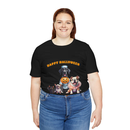 Happy Halloween Pet Parade Shirt – Cute Halloween Dogs and Cat in Costumes. Unisex Jersey Short Sleeve Tee