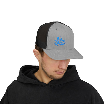 El Jefe Trucker Hat – Embroidered Bold Text Hat for Boss Energy, Leadership Style, and Latin Flair. Blue Letters