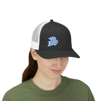 Yo Bro Trucker Hat – Embroidered Blue & White Hat for Laid-Back Vibes