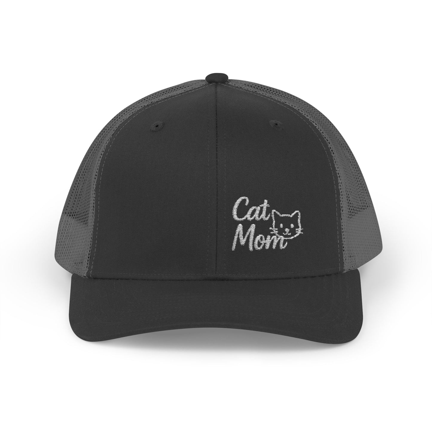 Cat Mom Trucker Hat – Embroidered Minimalist Cat Face Hat for Proud Pet Moms and Stylish Feline Fans. White letters