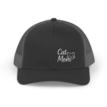 Cat Mom Trucker Hat – Embroidered Minimalist Cat Face Hat for Proud Pet Moms and Stylish Feline Fans. White letters
