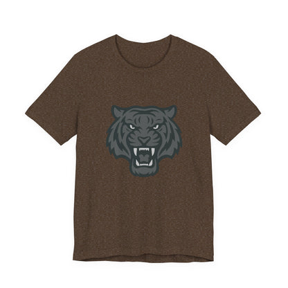 Tiger Head Graphic T-Shirt – Dark Theme Grayscale Roaring Beast Design on Black Tee with Fierce Focus and Modern Ghost Effect. Unisex Jersey Short Sleeve Tee