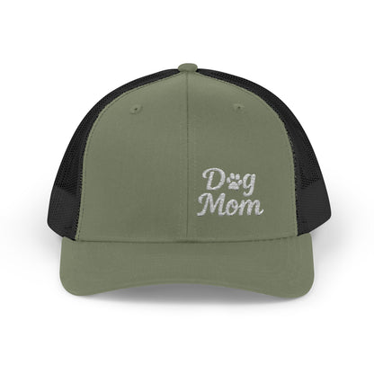 Dog Mom Trucker Hat – Embroidered Minimalist Dog Face Hat for Proud Pet Moms and Dog-Loving Style. White Letters