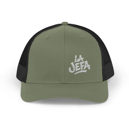 La Jefa Trucker Hat – Embroidered Latina Boss Hat for Bold Women. White Letters