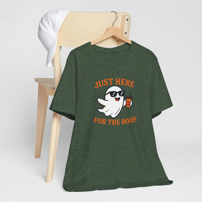 Just Here for the Boos Halloween Shirt – Funny Ghost Drinking Coffee Graphic Tee for Spooky Season
