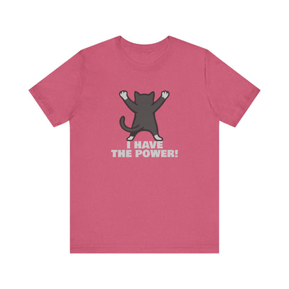 I Have the Power Cat Shirt – Hilarious Victory Pose in Dark Theme Feline Graphic Style. Unisex Jersey Short Sleeve Tee