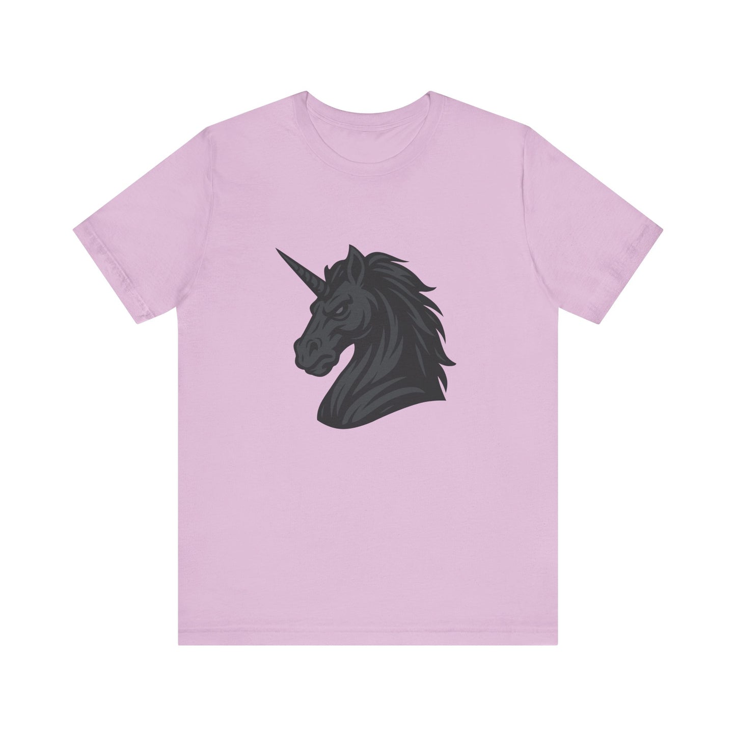 Dark Unicorn Profile T-Shirt – Dark Theme Grayscale Fierce Mythical Horse Design on Black Tee with Gothic Magic and Modern Ghost Effect. Unisex Jersey Short Sleeve Tee