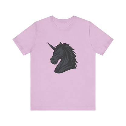 Dark Unicorn Profile T-Shirt – Dark Theme Grayscale Fierce Mythical Horse Design on Black Tee with Gothic Magic and Modern Ghost Effect. Unisex Jersey Short Sleeve Tee