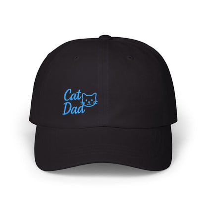Cat Dad Classic Dad Hat – Embroidered Minimalist Cat Face Hat for Proud Pet Dads and Feline Fans. Blue Letters