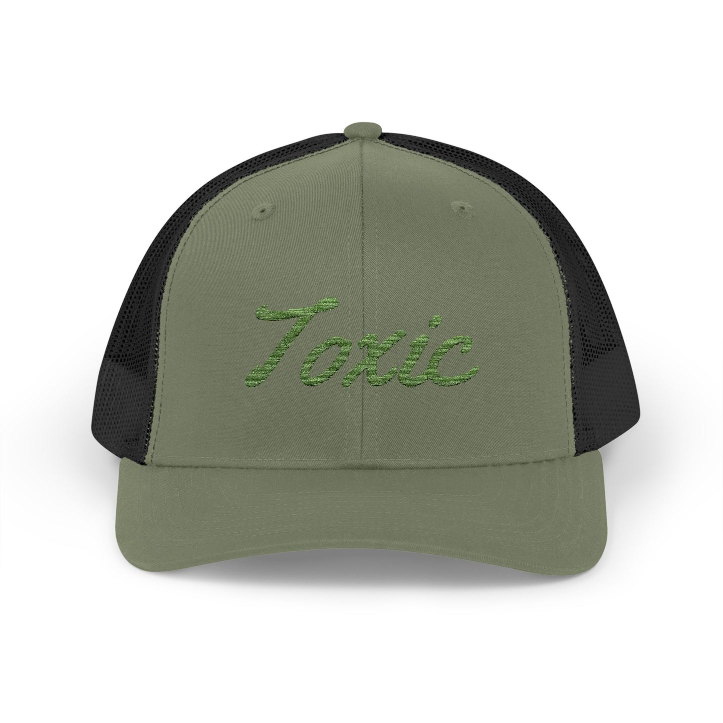 Toxic Trucker Hat – Embroidered Green Script Hat for Ironic Vibes and Bold Personality