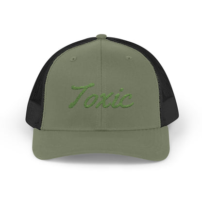 Toxic Trucker Hat – Embroidered Green Script Hat for Ironic Vibes and Bold Personality