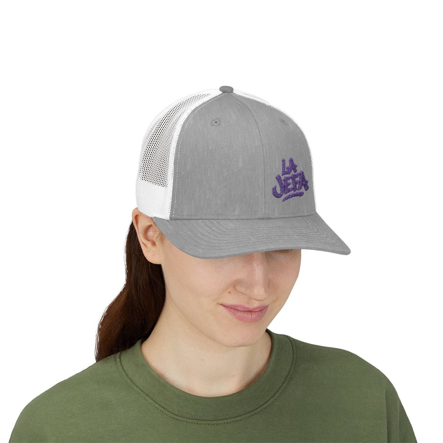 La Jefa Trucker Hat – Embroidered Latina Boss Hat for Bold Women. Purple Letters
