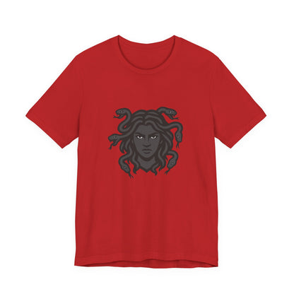 Medusa Graphic T-Shirt – Dark Theme Grayscale Snake-Haired Gorgon Design on Black Tee with Dark Myth Vibe and Modern Ghost Effect. Unisex Jersey Short Sleeve Tee