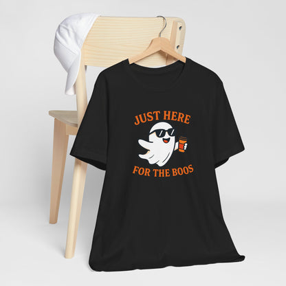 Just Here for the Boos Halloween Shirt – Funny Ghost Drinking Coffee Graphic Tee for Spooky Season