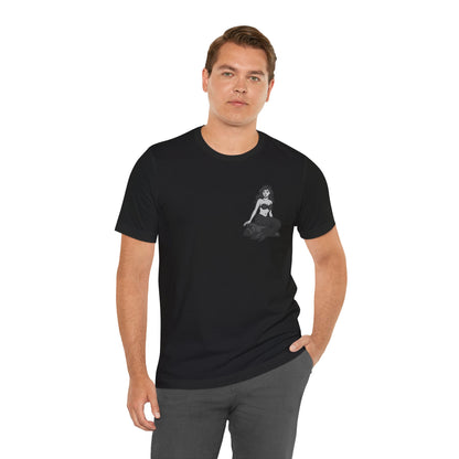 Mermaid Graphic T-Shirt – Dark Theme Grayscale Siren on Rock Design on Black Tee with Fantasy Vibes and Modern Ghost Effect. Unisex Jersey Short Sleeve Tee
