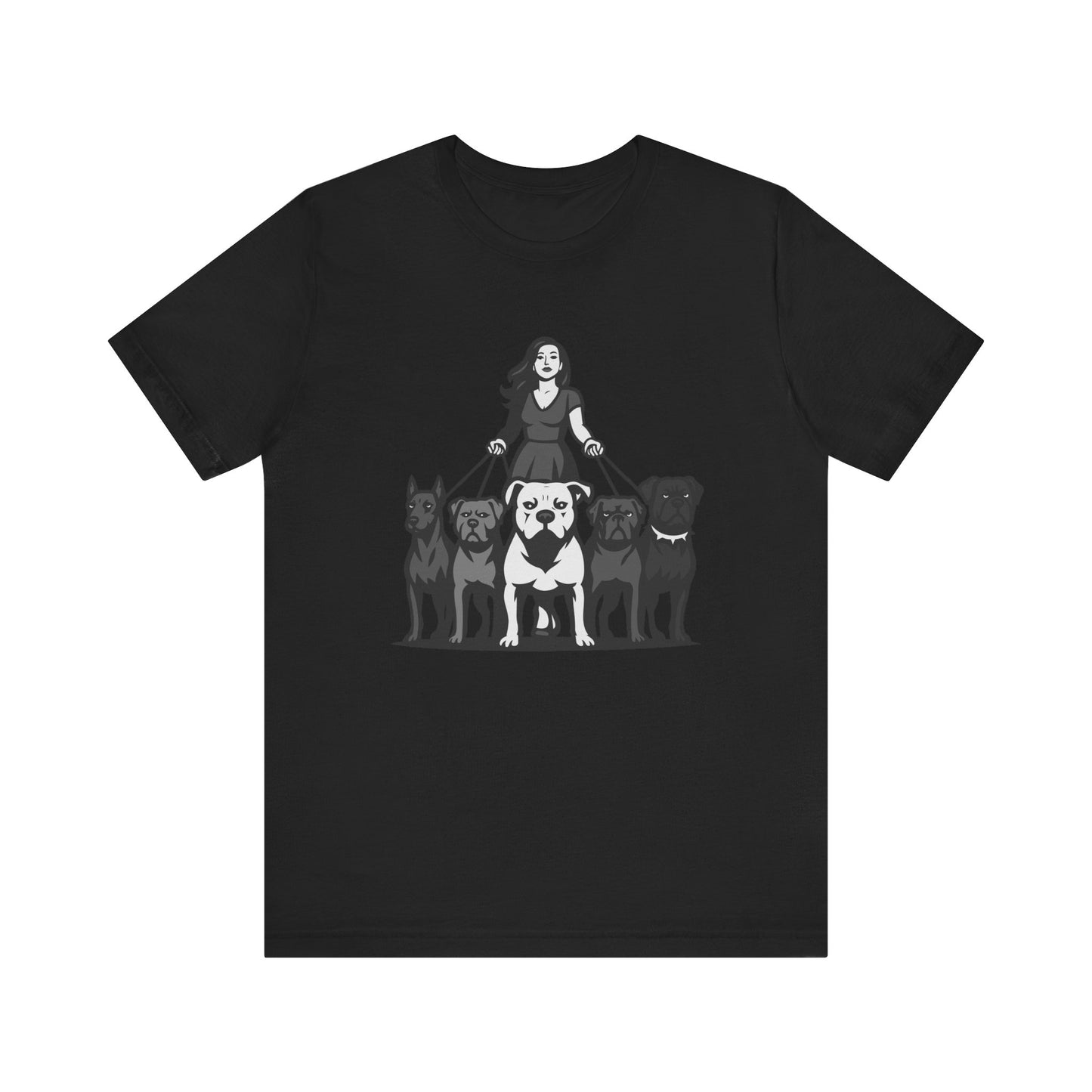 Alpha Woman with Dog Pack Graphic Tee Dark Theme – Confident Dog Walker Vector Design