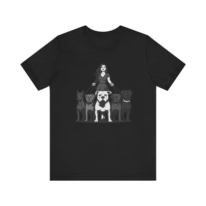 Alpha Woman with Dog Pack Graphic Tee Dark Theme – Confident Dog Walker Vector Design