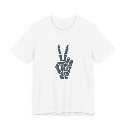 Skeleton Peace Hand Graphic T-Shirt – Gritty Dark Theme Grayscale Bones on Black Tee with Rebellious Calm and Modern Ghost Effect. Unisex Jersey Short Sleeve Tee
