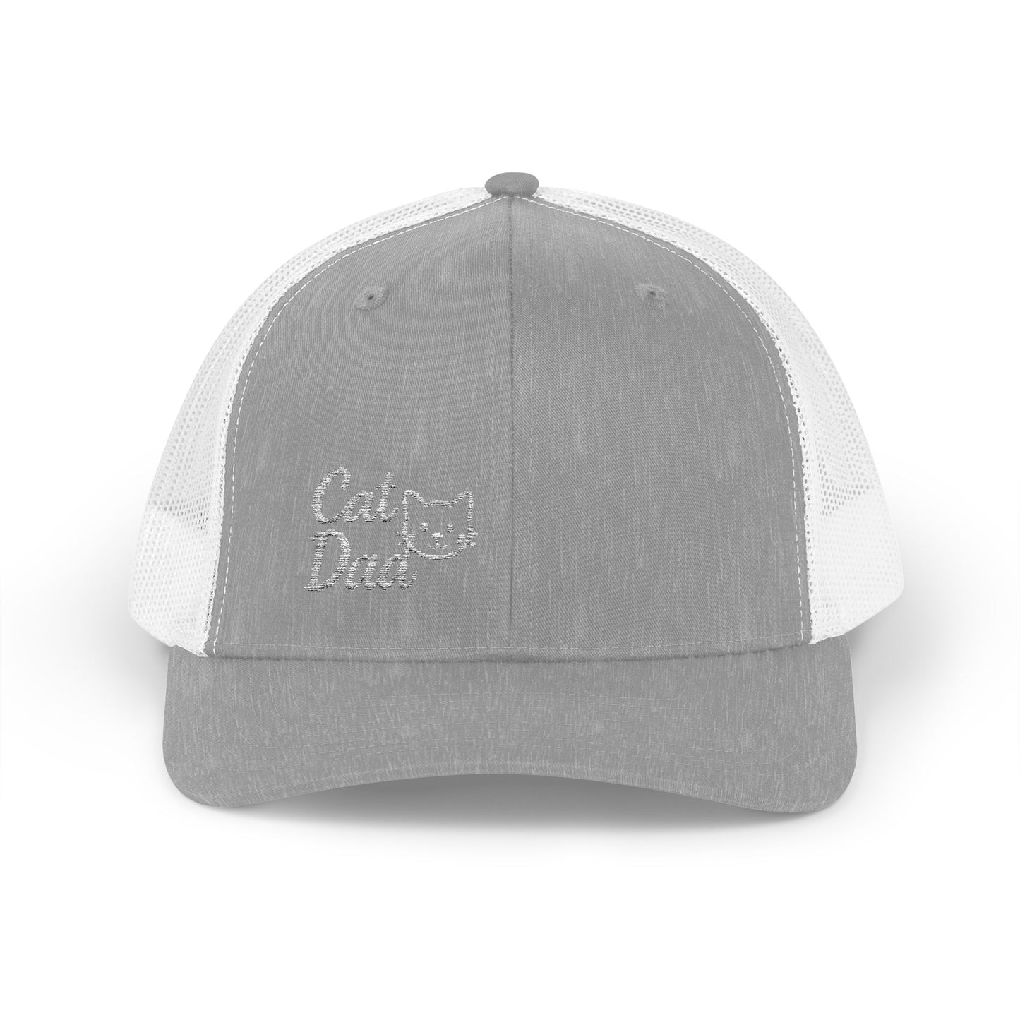 Cat Dad Trucker Hat – Embroidered Minimalist Cat Face Hat for Proud Pet Dads and Feline Fans. White Letters