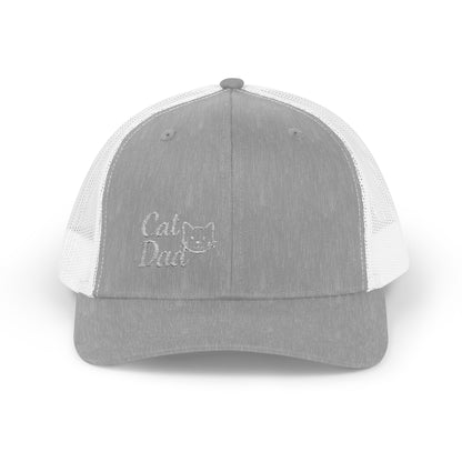 Cat Dad Trucker Hat – Embroidered Minimalist Cat Face Hat for Proud Pet Dads and Feline Fans. White Letters